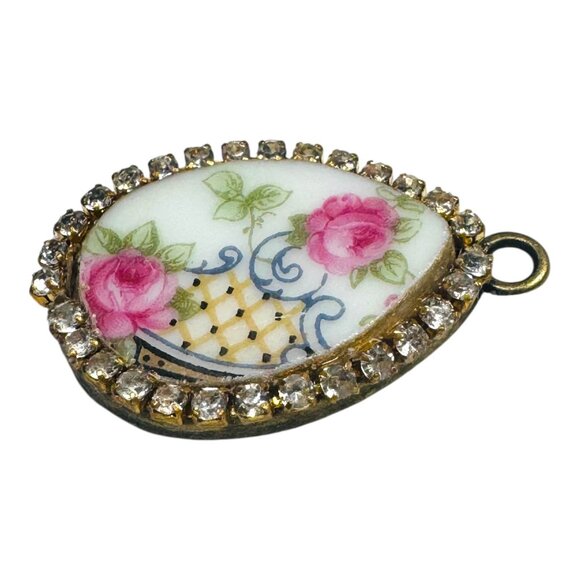 Vintage Bavaria Teardrop Porcelain Pendant With Pink Roses & Rhinestone Trim - Picture 6 of 10